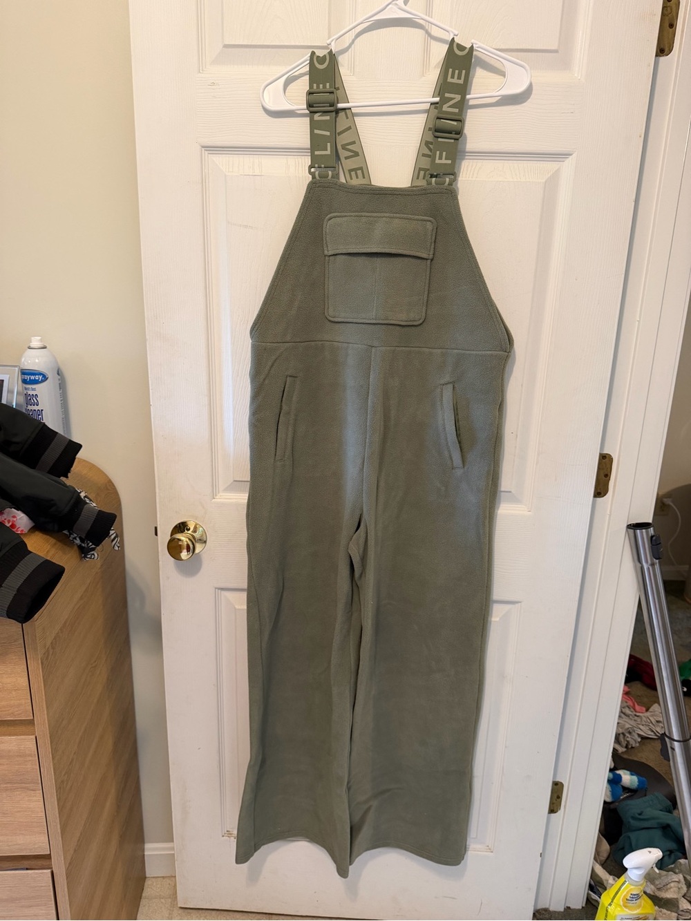 aerie Olive Green Fleece Overall Jumpsuit with Branded Straps